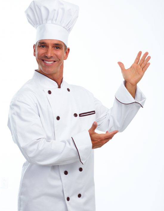 Young professional Chef man isolated over white background.