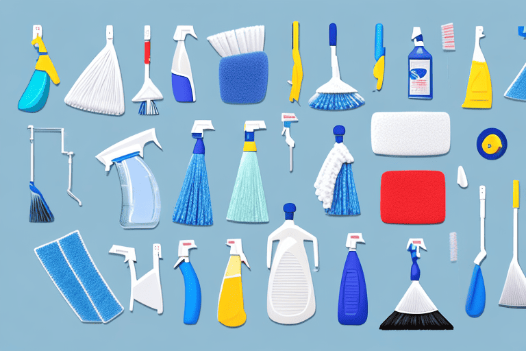 A commercial kitchen sparkling clean with various cleaning tools like mop