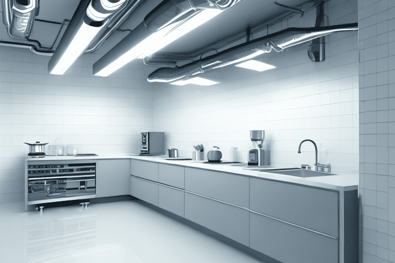 A well-maintained kitchen with a shining exhaust system