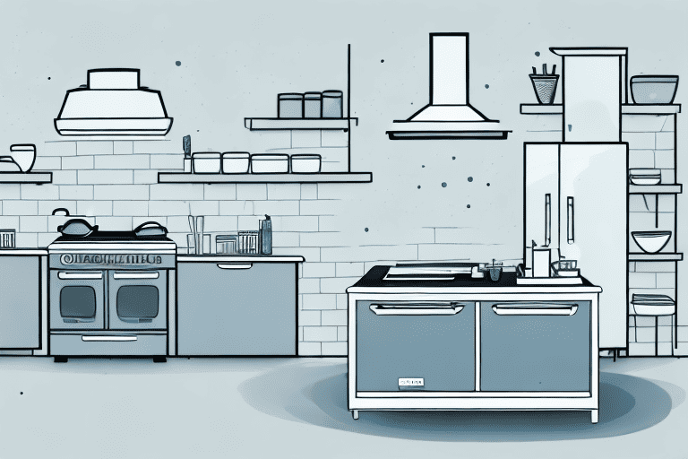 A commercial kitchen with various cleaning tools and products placed strategically