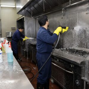 Cleaning crew degreasing the cookline and walls of a hotel commercial kitchen